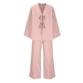 thumbnail image 3 of Fesfesfes Women's Comfy Two-Piece Set Solid Color Long Sleeved Round Neck Tie-Up Detail Top Casual Loose Trousers for Outings and Lounging(Pink,S), 3 of 5