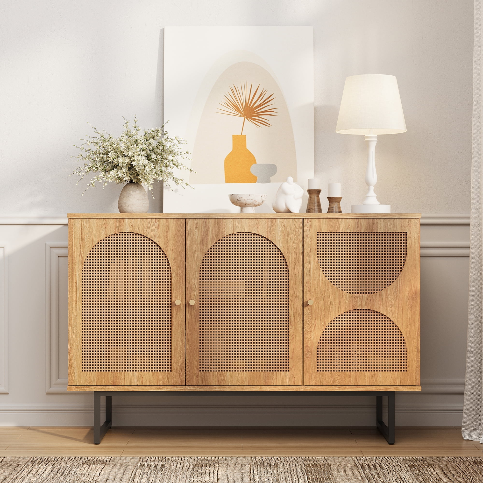Sideboard Buffet Cabinet with 3 Rattan Doors, 47.2” Kitchen Storage Cabinet with Adjustable Shelf and Metal Legs for Dining Living Room, Hallway, Entryway, Beige