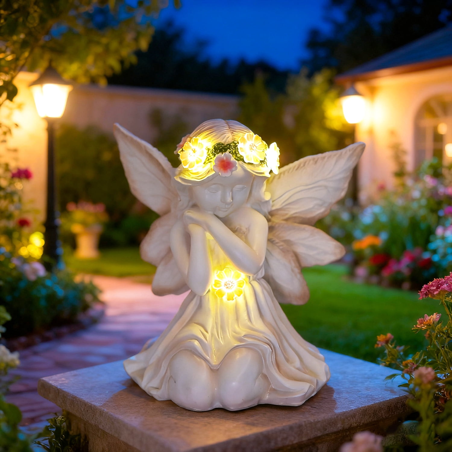Solar Angel Garden Statue Outdoor Decor Figurine Light, Resin Flower Sculptures With LED Lights, Art Housewarming Ornament Gift