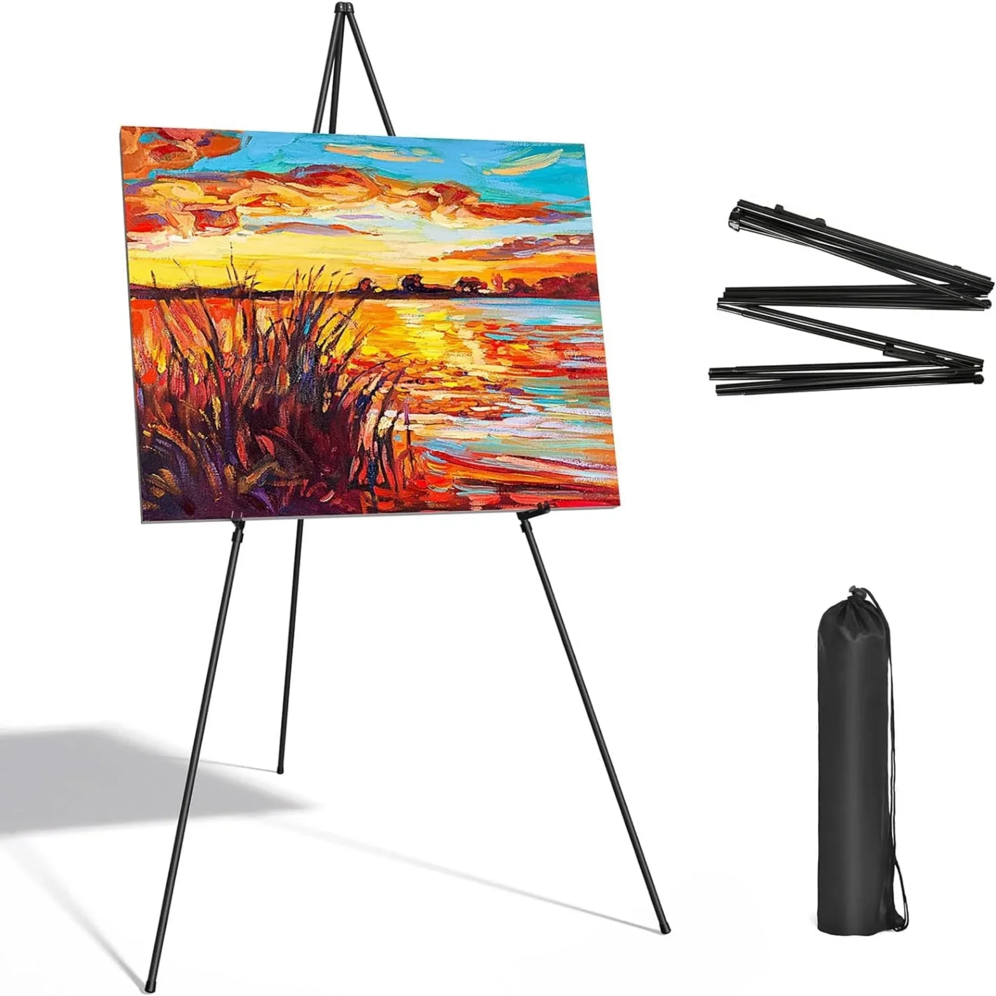 Instant Display Easel Stand - 63" Tripod Collapsible Portable Artist Floor Easel - Easy Folding Telescoping Adjustable Art Poster Metal Stand for Display Show