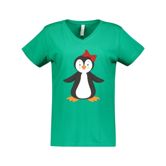 Inktastic Cute Penguin, Girl Penguin With Red Ribbon Women's V-Neck T-Shirt