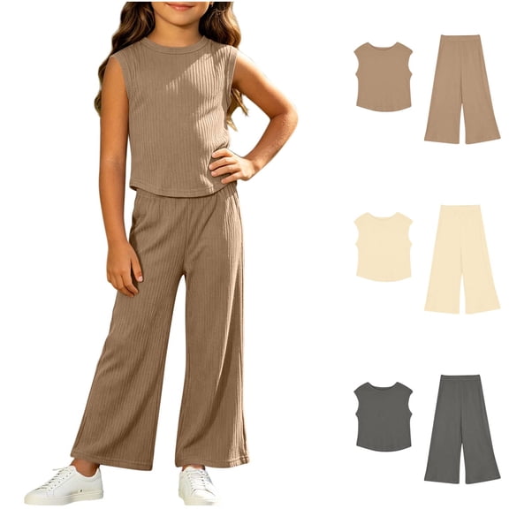 THDHVS Girls Fall Outfits,Girls Ribbed Sleeveless Round Neck Top Wide Leg Pants Summer Stretchy Casual 2 Piece Set,Toddler Girl Outfits Dark Gray 7-10 Years