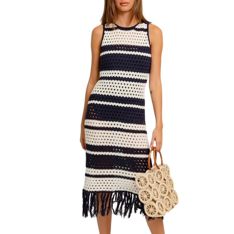 Le LIS Women's Crochet Fringe Trim Cotton Blend Striped Midi Dress (Navy, M), Size: Medium, Blue