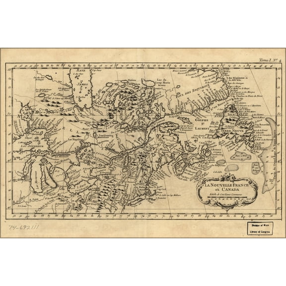 24"x36" Gallery Poster, map of La Nouvelle France ou Canada map 1764