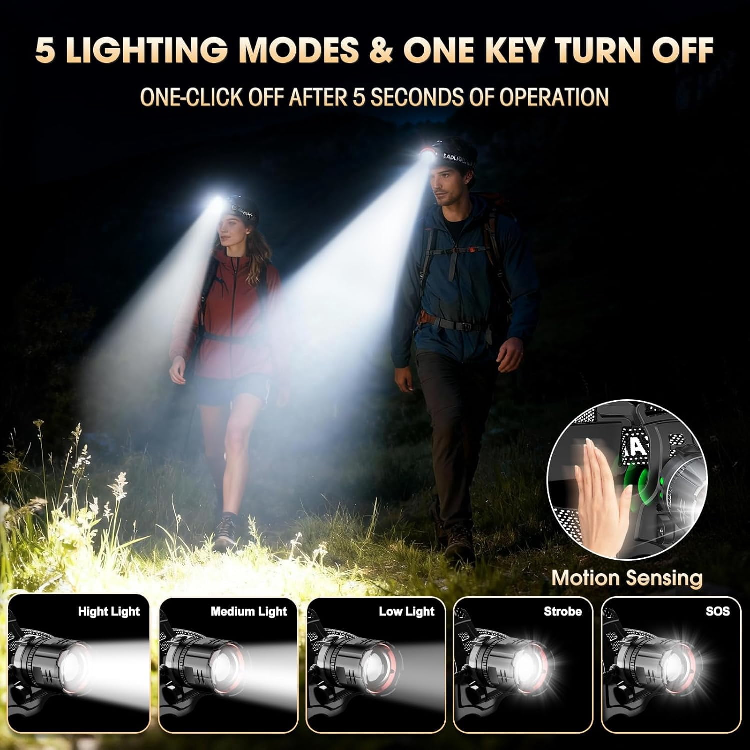 Super Bright LED Headlamp, High Lumen Rechargeable Head Lamp with Motion Sensor, 5 Modes, IPX5 Waterproof, 90° Adjustable, Zoomable Head Lights for Adults, Hard Hat, Outdoor, Camping