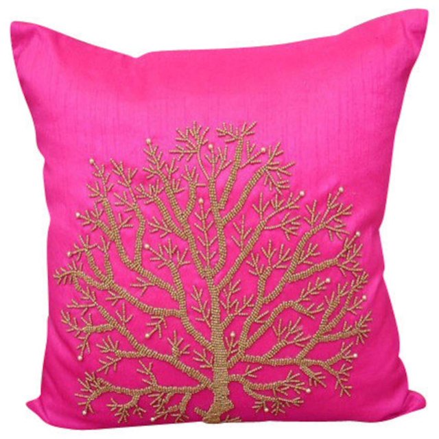 Fundas de almohada, funda de almohada rosa fucsia, funda de almohada con árbol de cuentas, funda de almohada de 35 x 35 cm (14 x 14 pulgadas), funda de almohada cuadrada de seda, manta decorativa