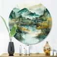 thumbnail image 2 of Designart "Faded Mountain Village II" Landscape Mountains River Round Metal Art, 2 of 5