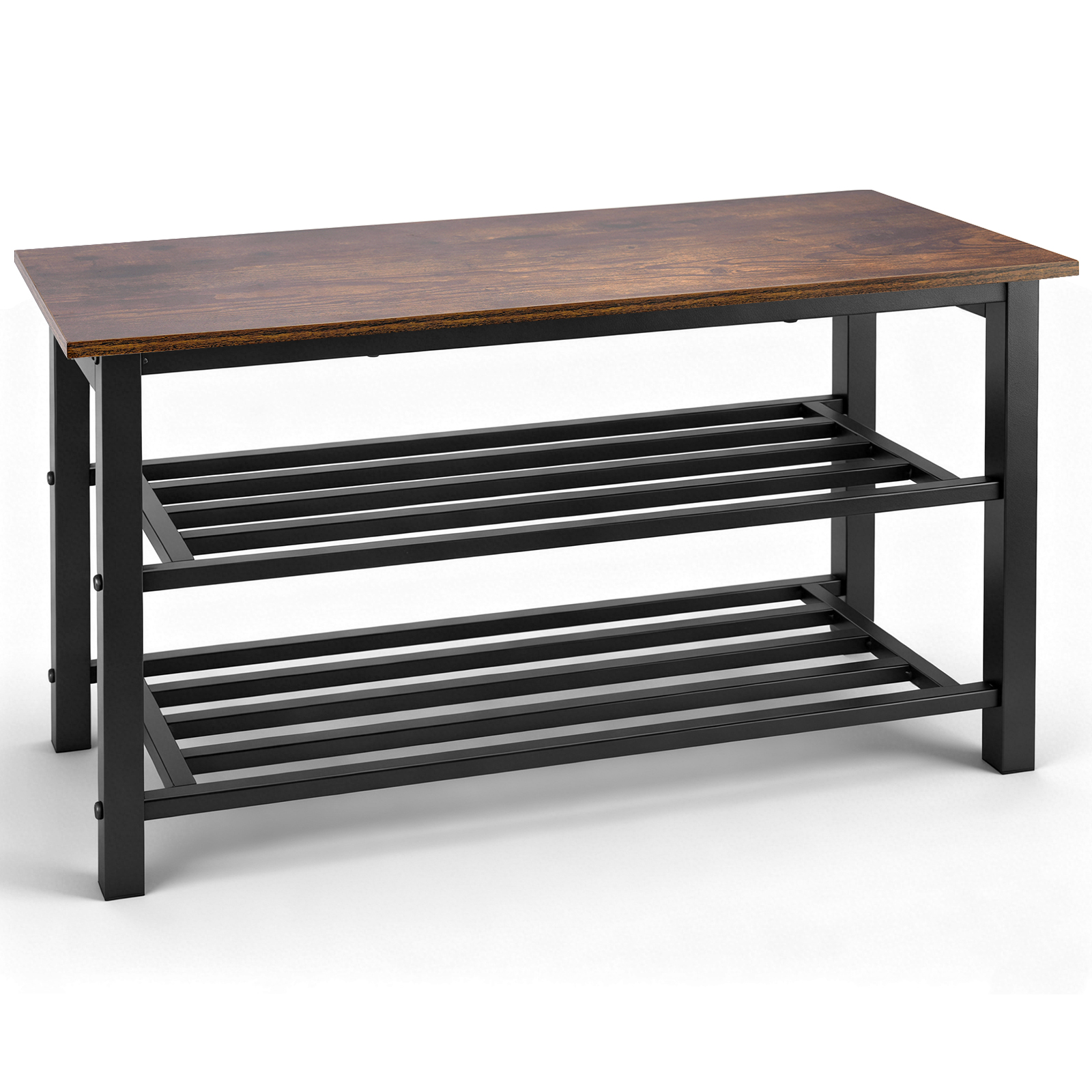 27" Shoe Bench, Modern Industrial Shoe Storage Bench, Entryway Bench with Mesh Shelf and Sturdy Metal Frame, Metal Shoe Rack with Durable Wood Top for Hallway, Mudroom, Living Room, Rustic Brown