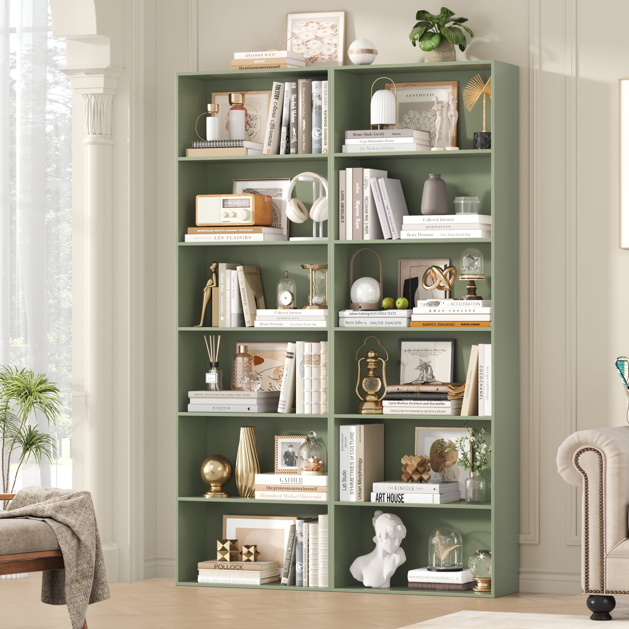Homfa 6 Tier Tall Bookshelf and Bookcase, Wooden Bookcase Display Shelf for Living Room Home Office Library Storage, Green