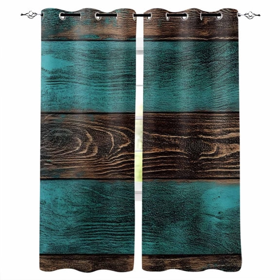 Teal Brown Wood Blackout Curtains for Bedroom Living Room Darkening Curtains 54 Inch Long Vintage Simple Chic Board Short Curtain for Small Window Treatment Thermal Insulated Grommet Drapes 42"x54"x2