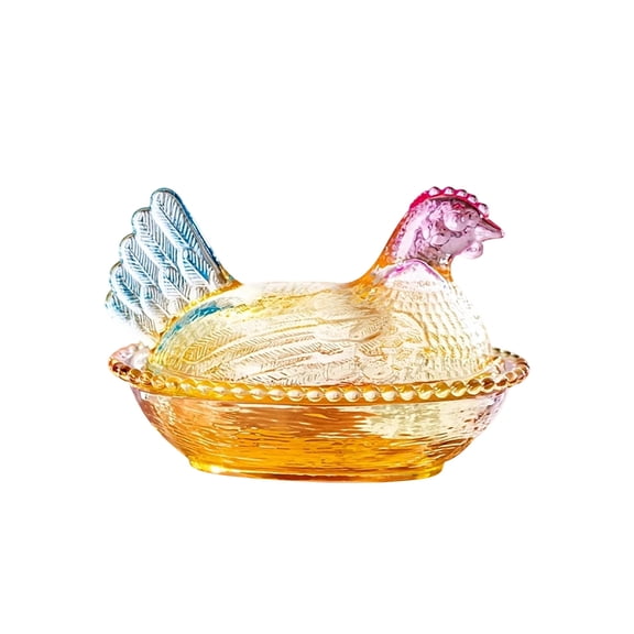 Glass Hen on Nest Candy Dish with Lid, Rooster Kitchen Decor Unique Pedestal Candy Bowl for Snacks, Desserts, Cookies, Home Kitchen Office Tabletop Decor