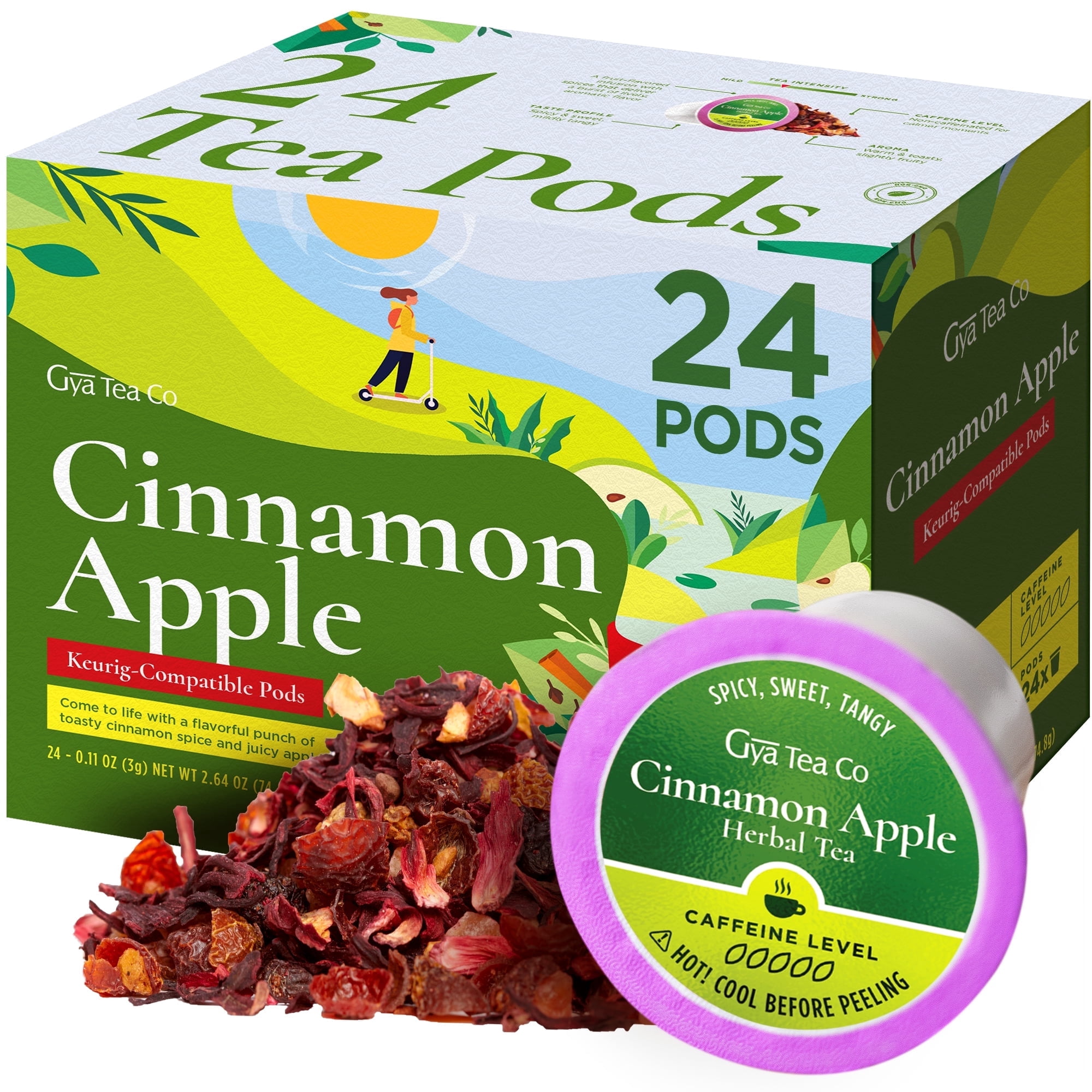 Gya Tea Co Cinnamon Apple Tea (24 Ct) - Decaf Tea with Sweet, Spicy & Comforting Flavors - No Additives Caffeine Free Herbal Tea, Compatible with Keurig Machines