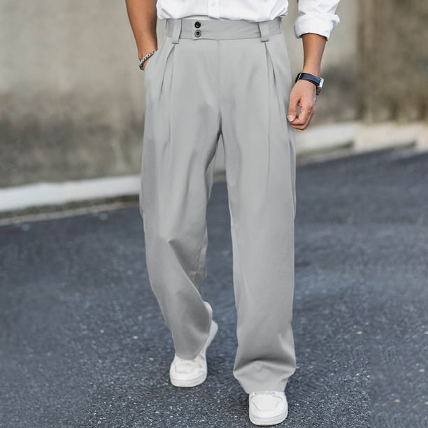 Ceisia Men's Trendy Solid Color Gift Elastic Waist Straight Leg Suit Pants with Slanted Pockets