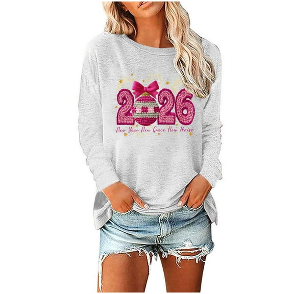 Happy -Year Shirts for Women Fashion 2026 Letter Print Graphic Long Sleeve Crewneck Casual Loose Tops (XL, White)