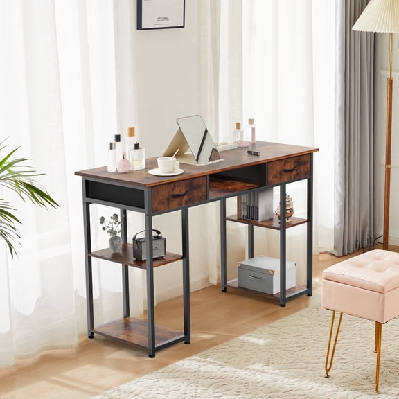 CONCETTA Small Desk with Fabric Drawers and Storage Shelves,48 inch for Adult, Brown Rust