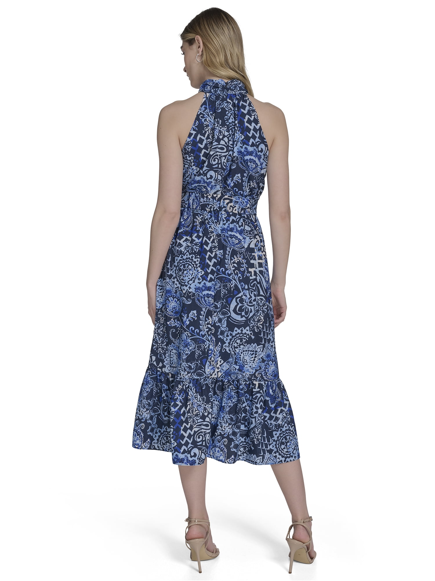 Falling Flowers Women's Mock Neck Sleeveless Midi Dress, Sizes XS-XL