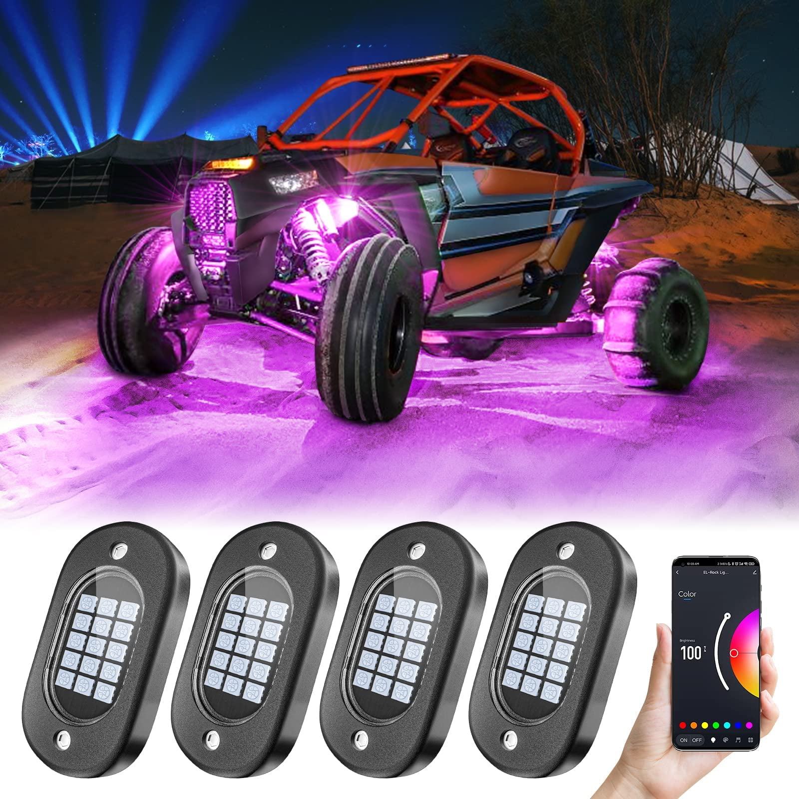  SWATOW INDUSTRIES RGB Rock Lights Bluetooth App/Remote Control  Underglow Multicolor Neon Lights RGB LED Rock Light Kit Timing Music Mode  Wheel Well Lights for UTV RZR Side by Side ATV Jeep