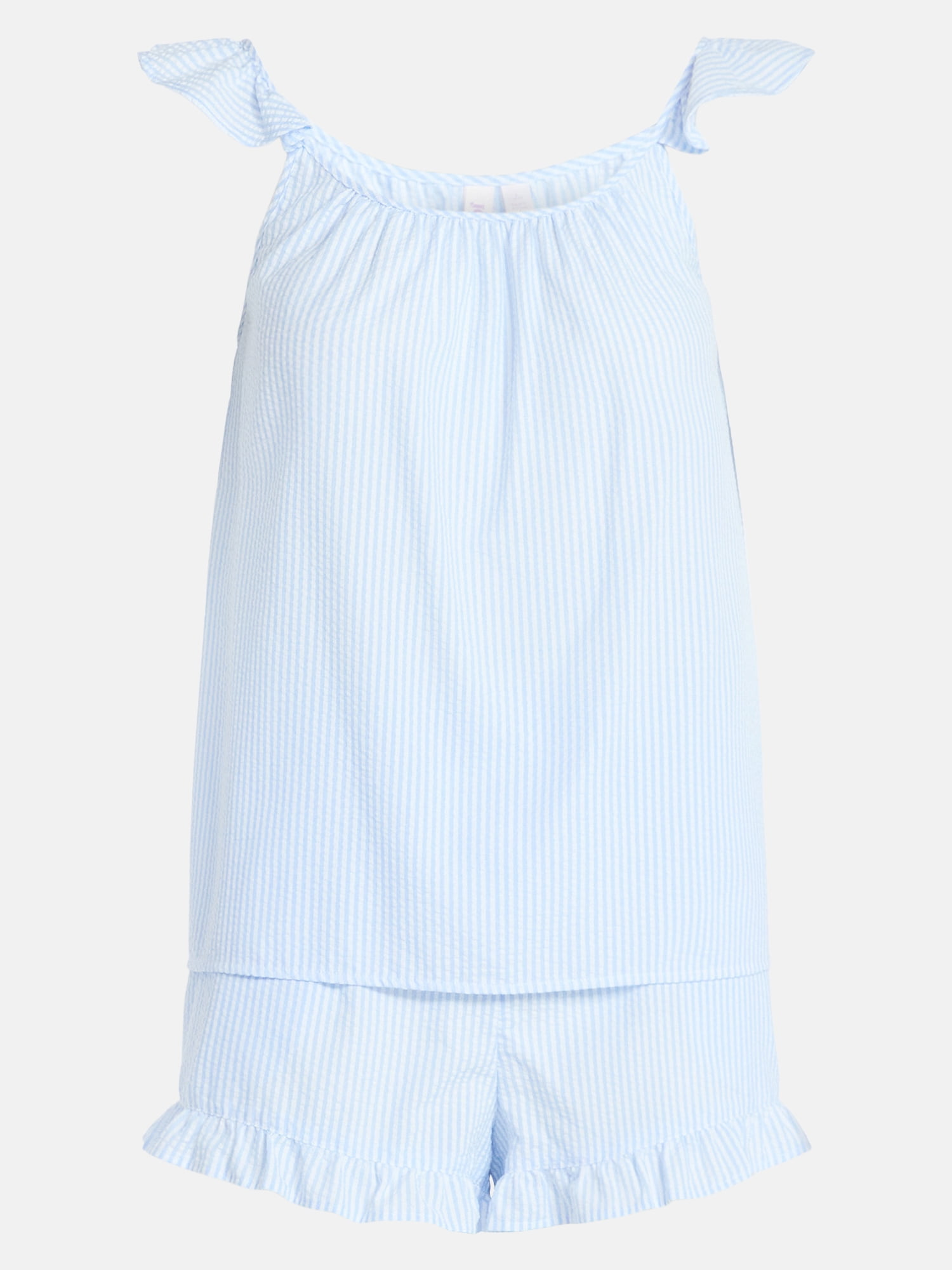 Joyspun Women's Seersucker Sleep Cami and Shorts Set with Ruffle, 2-Piece, Sizes XS-3X