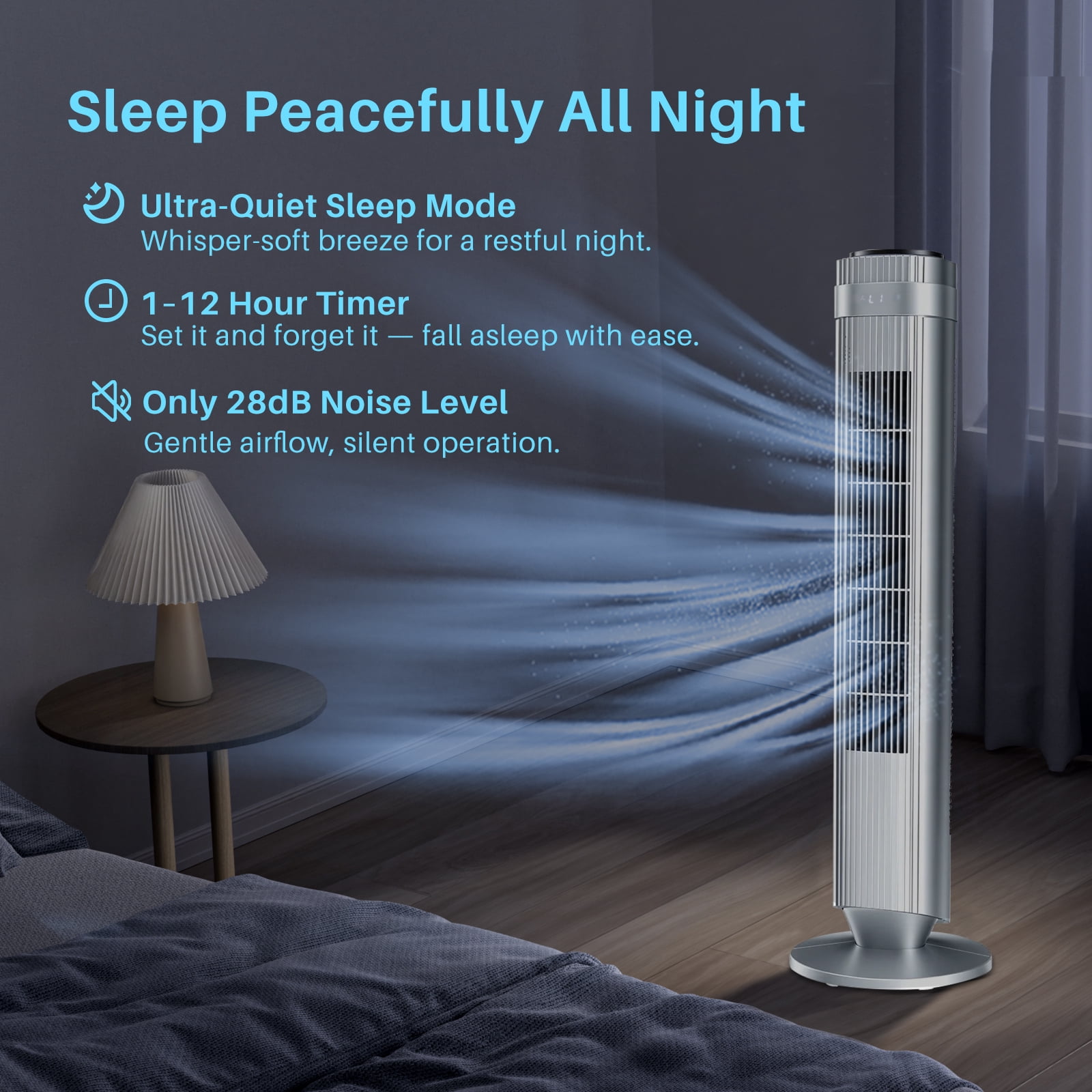 Tower Fan for Home, 64° swivel Standing Floor Fan with Remote, Bladeless Fan Cold Air Quiet, 5 Speeds, 4 Modes, LED Display, Sliver