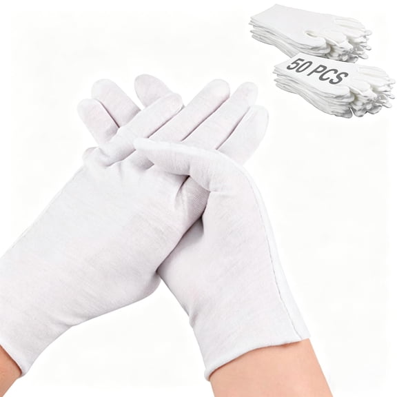 Bocaoying 50 Pcs White Cotton Gloves for Dry Hands Sleeping, Eczema Moisturizing Gloves for Men and Women, Washable Premium Cotton Gloves for Coin Jewelry Silver Inspection (XL Size)