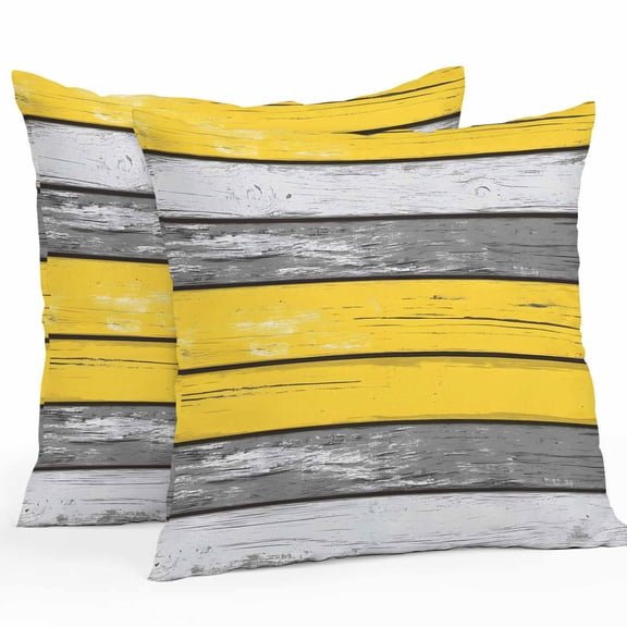 Coastal Style Outdoor Pillow Covers Pack of 2 Retro Gray Yellow Stripes Wood Grain Waterproof Throw Pillow Covers Decorative Cushion Cases for Patio Garden Tent Balcony Couch 16x16 inch
