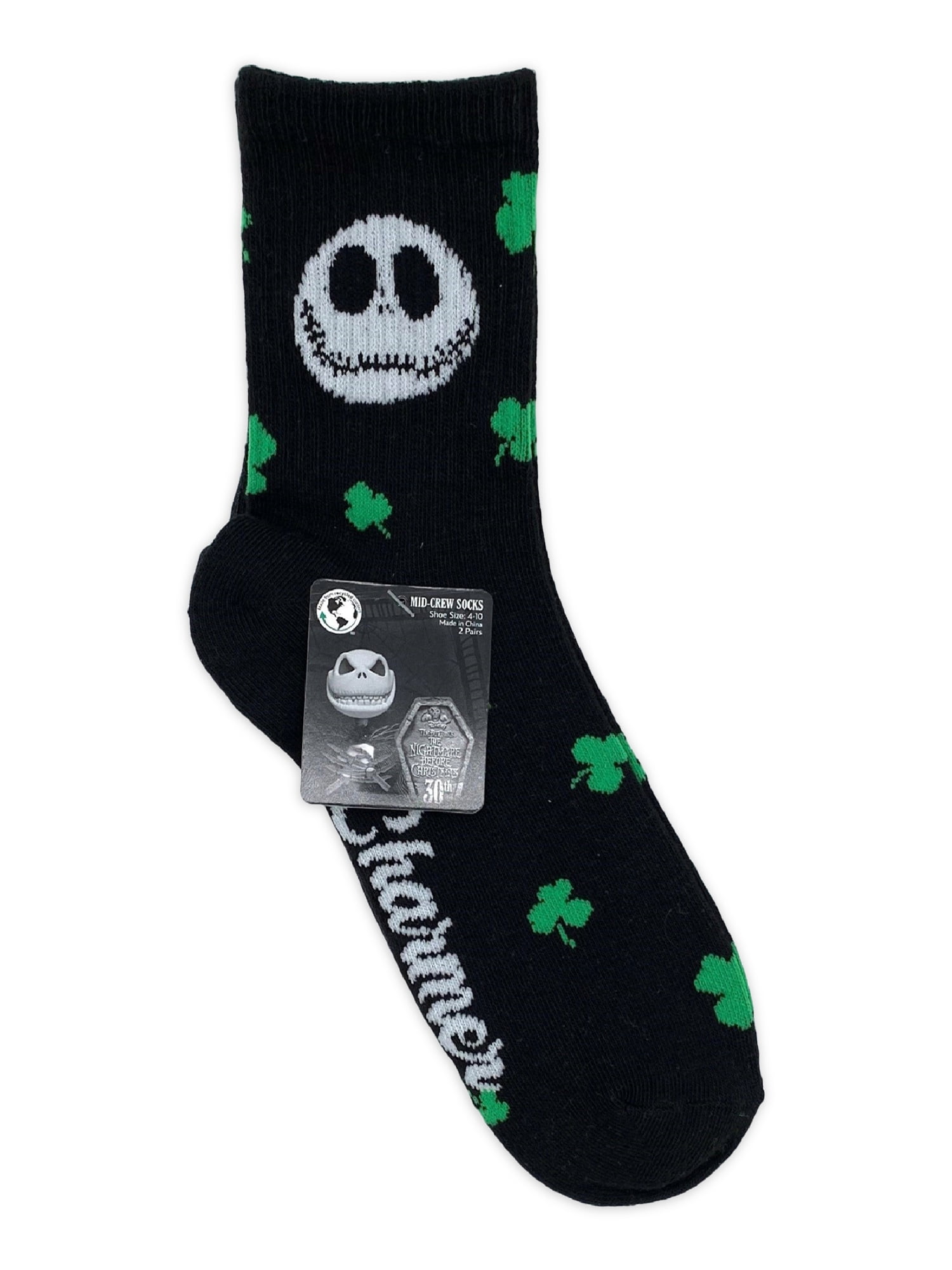 Nightmare Before Christmas Women's St. Patrick's Day Mid Crew Socks, 2-Pack, Shoe Size 4-10