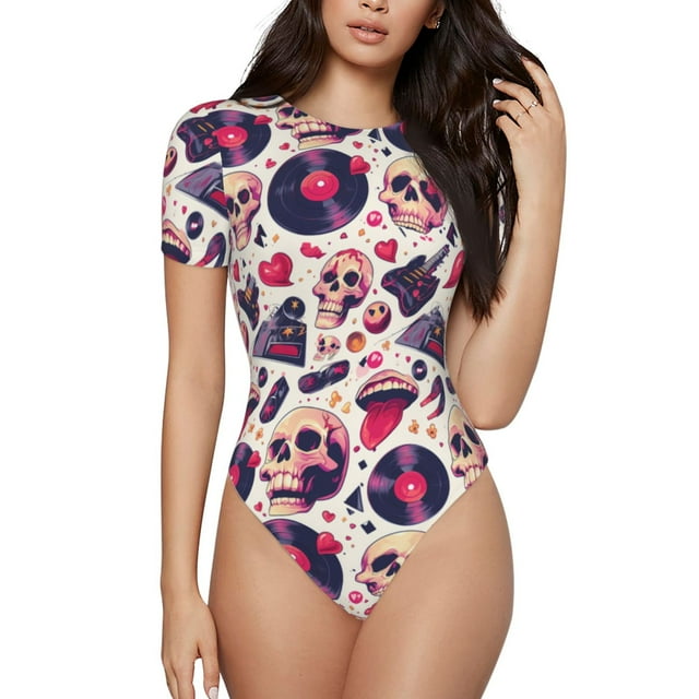 Fotbe Skull lips record Guitar Pattern Women's Crew Neck Short Sleeves Bodysuit Tops Round Neck Slim Sleeveless Soft Comfortable Basic-Large
