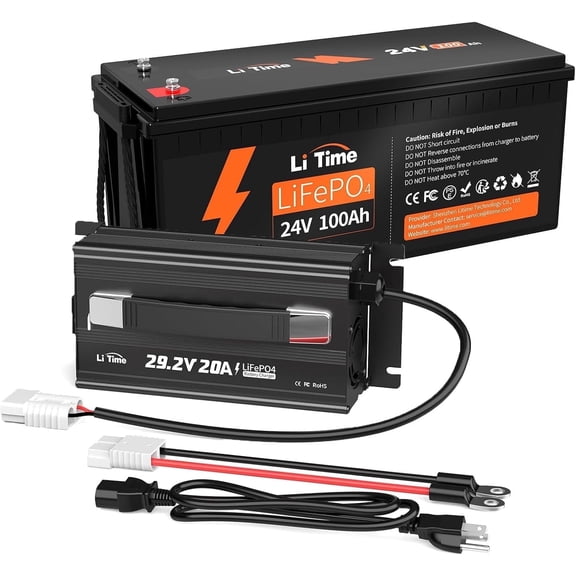 LiTime 24V 100Ah LiFePO4 Lithium Battery with 29.2V 20A LiFePO4 Battery Charger, 100A BMS Max. 2560W Load Power for Camper Solar