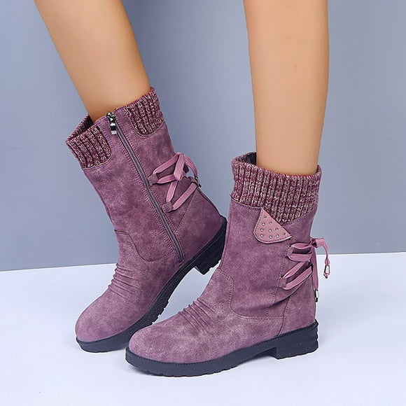 jsaierl Women Fashion Shoes Retro Western Boots Casual Warm Low Heels Mid-calf Boots