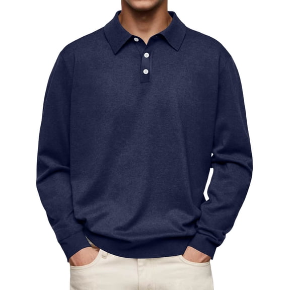 Long Sleeve Polo Shirt for Men Turn Down Collar Heavyweight Knit Polo Slim Fit Casual Shirts Soft Fabric