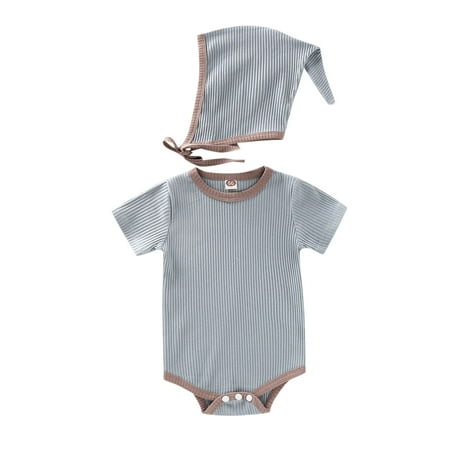 

ZMHEGW Baby Boys Girls Short Sleeve Ribbed Patchwork Romper With Cute Hat Outfit Set Clothes 2PCS