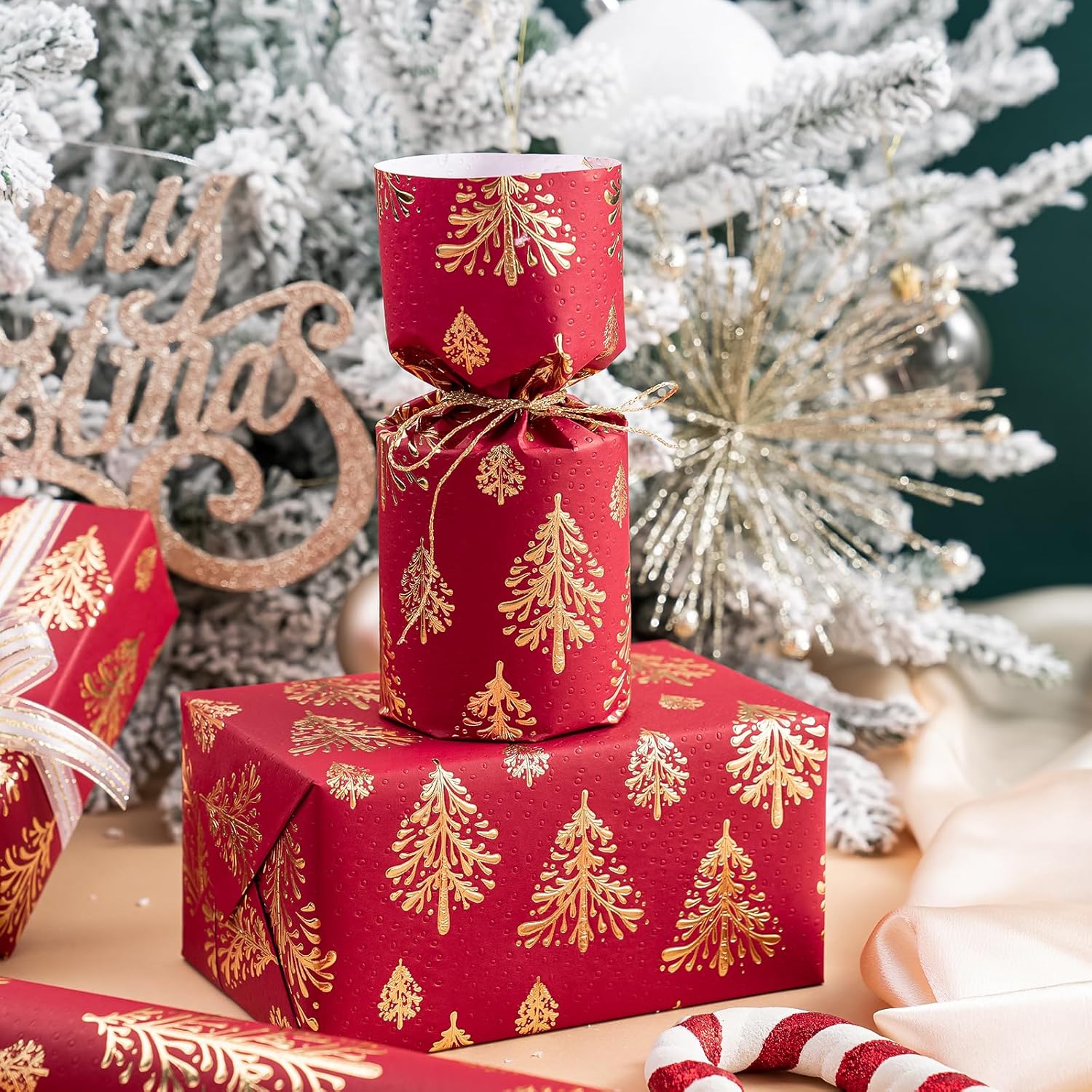 3D Kraft Christmas Wrapping Paper Roll - Mini Roll - 17 Inch x 16.5 Feet - Gold and Red Christmas Tree Wrapping Paper with Embossed Perfect for Holiday, Party Celebration