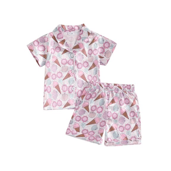 Kids Toddler Baby Girls Summer Outfit Sets Bow/Ice Cream/Boots/Dinosaur /Flower Print Short Sleeve Lapel Button Shirt Shorts 2 Pieces Lounge Suit Sleepwear