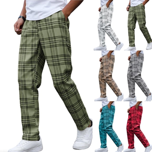 Hinvhai Men's Fashion Stretch Dress Pants Slim Fit Plaid Pants Business Suit Pants Casual Golf Pants White