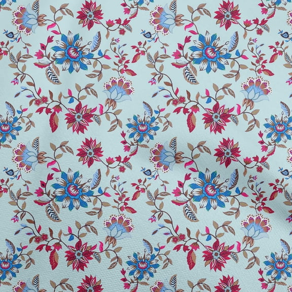 oneOone Cotton Silk Light Blue Fabric Floral Fabric For Sewing Printed Craft Fabric By The Yard 42 Inch Wide