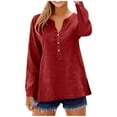thumbnail image 2 of Lenpel Women's Cotton Linen Tops Trendy Long Sleeve V Neck Quarter Button Side Split Casual T Shirts Loose Tunic Blouses(Wine,Large), 2 of 7