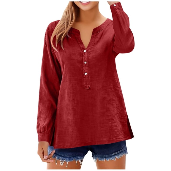 Mceream Cotton Linen Shirts for Women 2026 Trendy V Neck Button Long Sleeve Gauze Tunic Tops Side Slit Hem Work T Shirts Boho Loose Fit Blouse Plus Size Clothes Blusas De Lino Para Mujer Wine XL