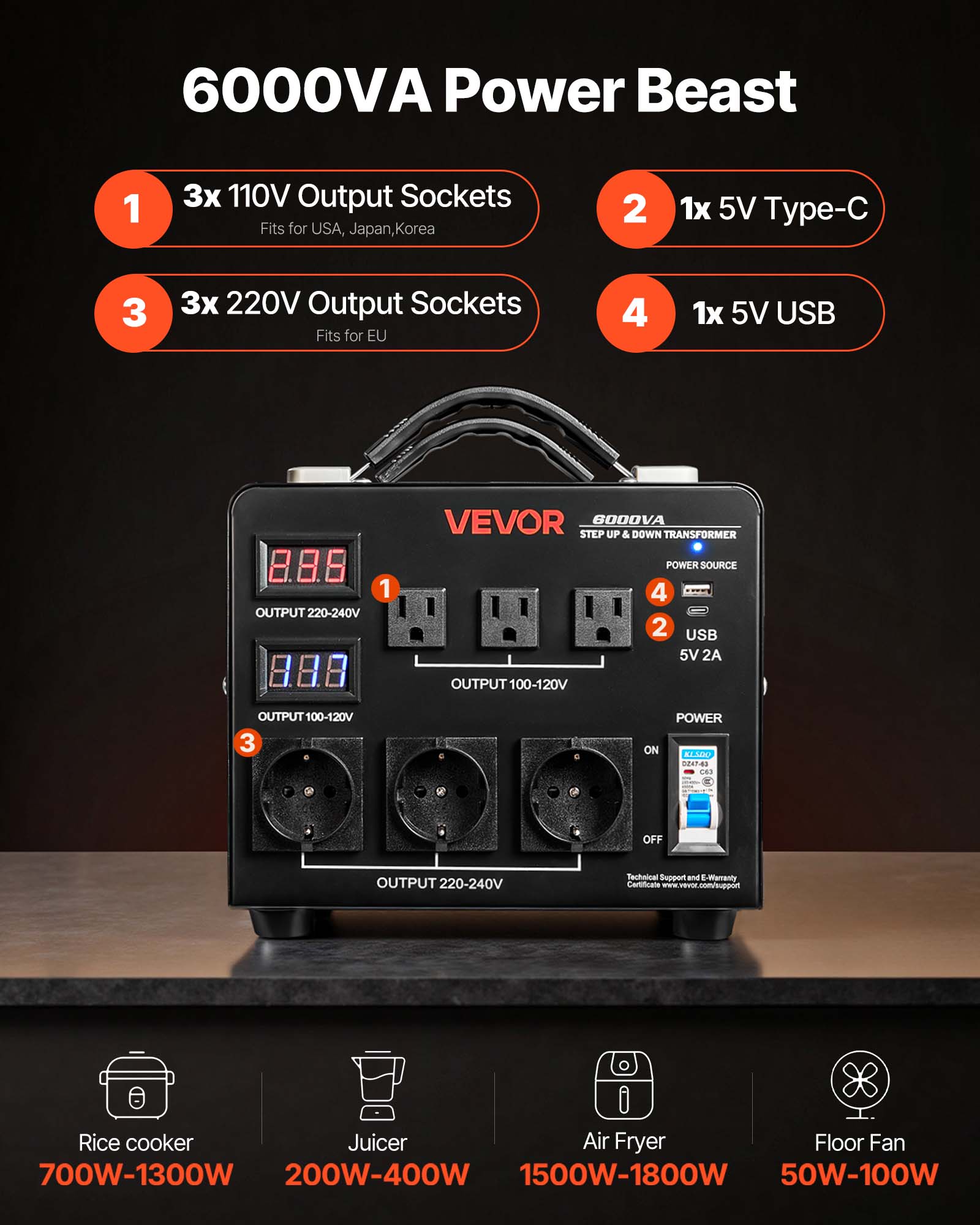 VEVOR Voltage Auto Converter Transformer, 6000W, Heavy Duty Step Up/Down Power Transformer, 110V to 220V and 220V to 110V, with 3 US Outlets, 3 EU Outlets, LCD Display, Circuit Breaker Protection