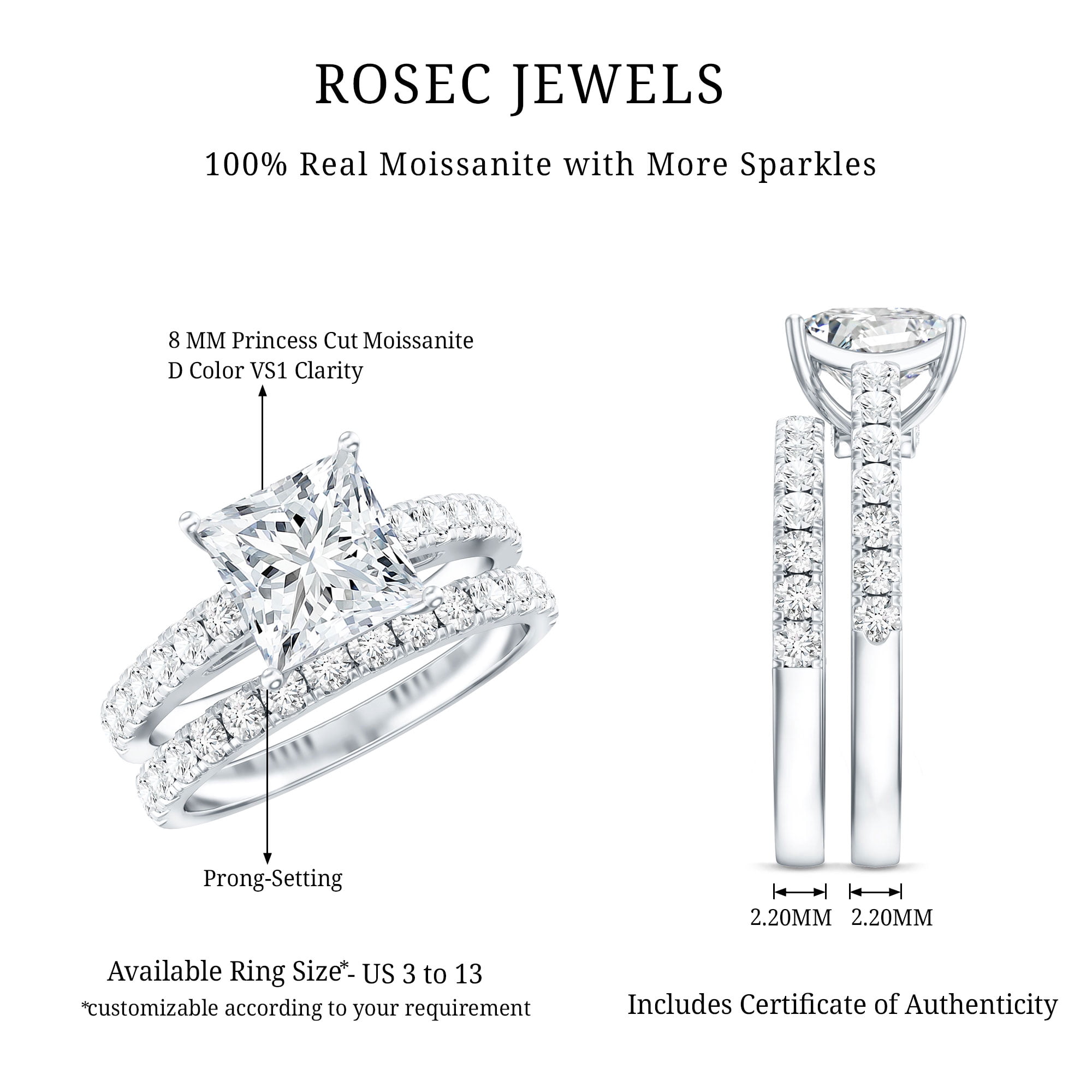 Rosec Jewels Certified Moissanite Princess Cut Wedding Ring Set for Women (8 mm, D-VS1 Quality) - 3 Carat Engagement Ring with Band, 14K White Gold, US 5.50