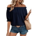 thumbnail image 2 of Off The Shoulder Short Sleeve for Women Summer Blouses Dressy Casual Boho Stretch Tops Navy 2XL, 2 of 6