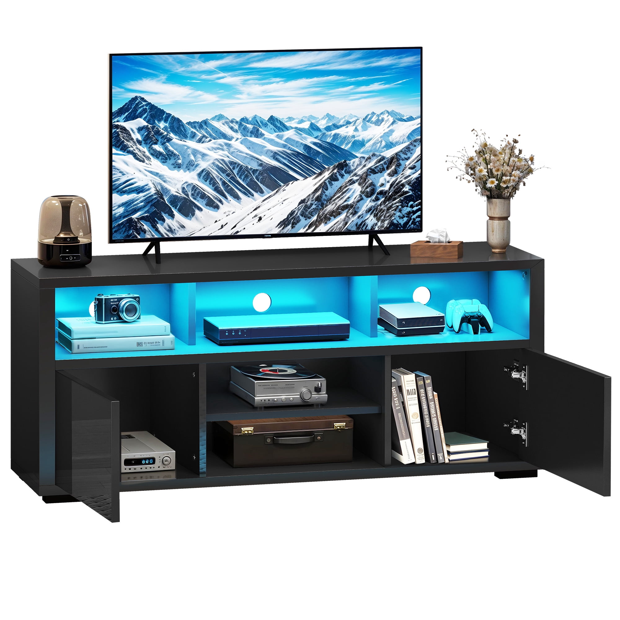 Uforic TV Stand for 55 inch TV, Modern LED Entertainment Center TV Console Media Cabinet,Black