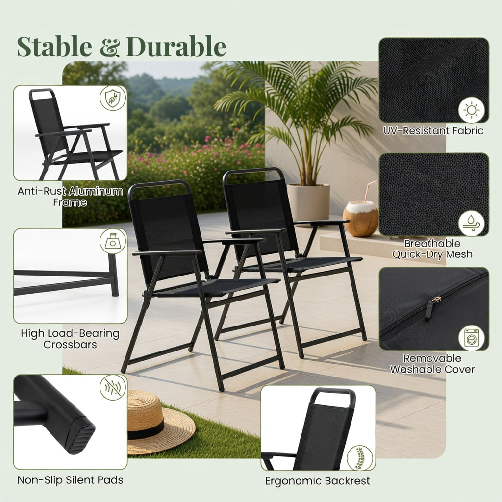 Hommoo 2-Pack Foldable Outdoor Chairs, Breathable Mesh Seat, Rust-Resistant Steel Frame, Lightweight & Portable for Camping, Backyard, Garden, Black