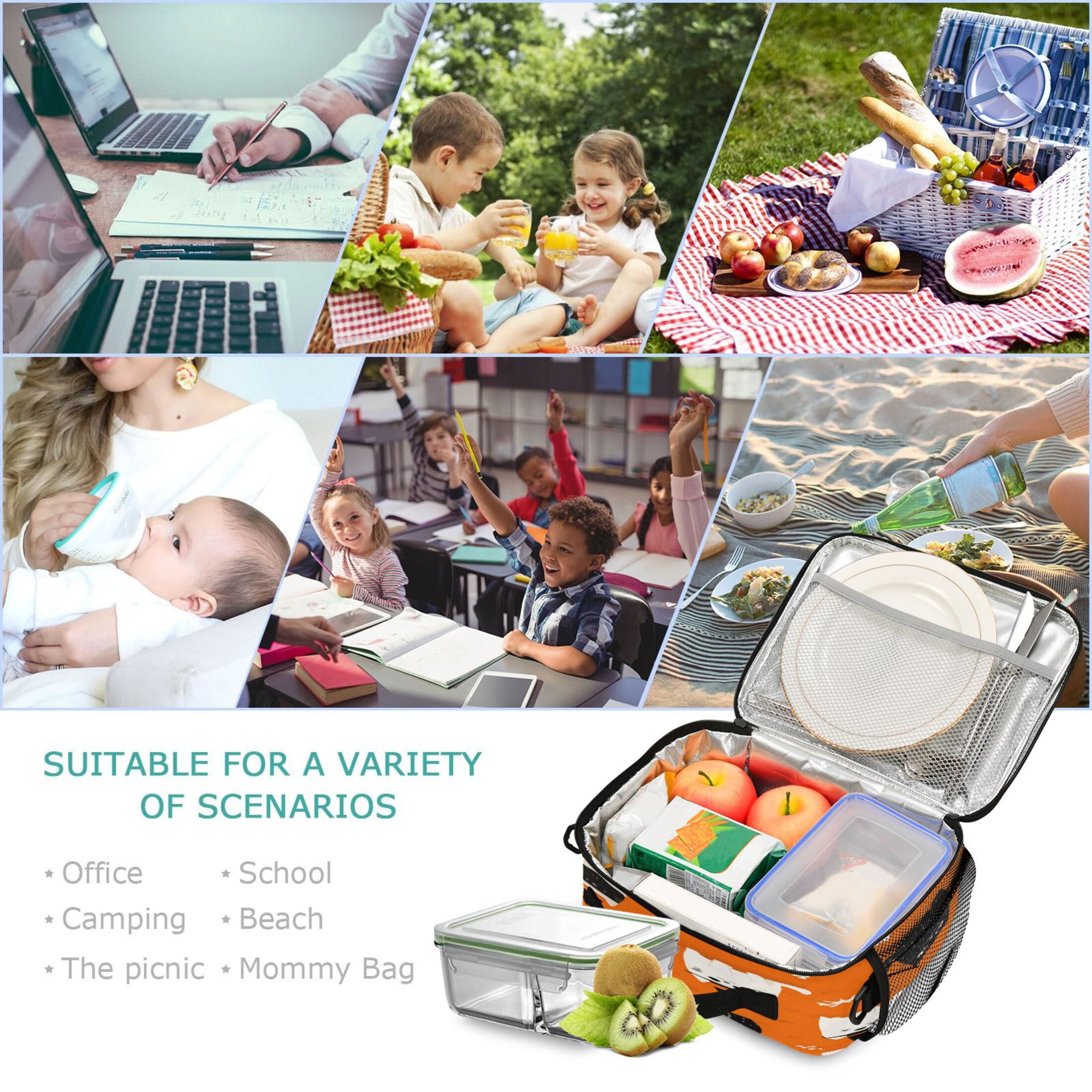 Insulated Lunch Bag 6L Leak-Proof Lunch Box with Shoulder Strap Multiple Pockets Lunch Tote Black Cat and White Cat