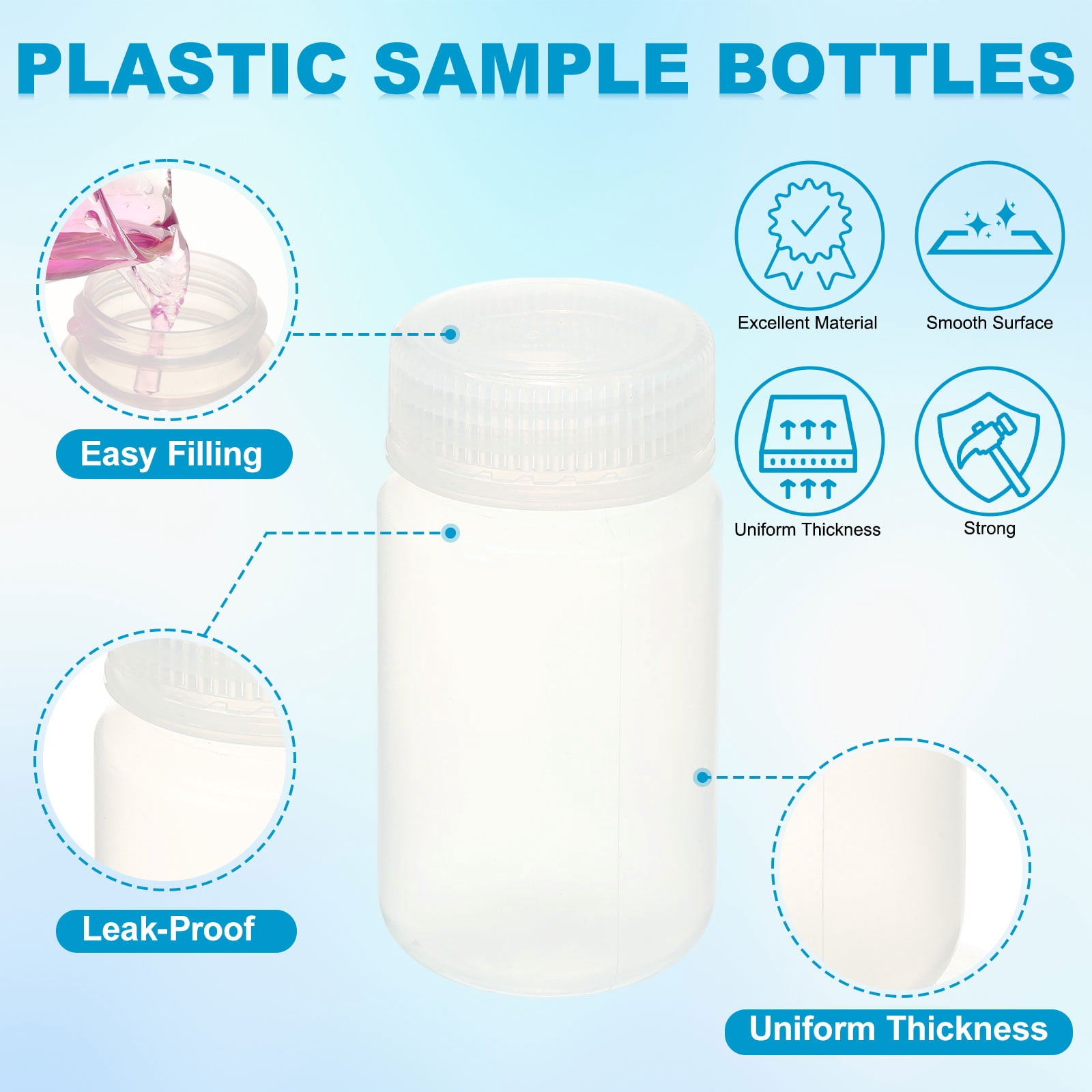 Uxcell 6Pcs Plastic Reagent Bottles, 8.8oz Laboratory Grade Chemical Sample Bottles PP Leak-Proof Liquids Storage Containers for Lab Reagents Travel Toiletries, Clear