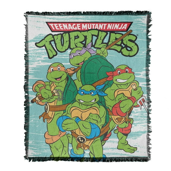 TMNT Blanket, 50"x60" TMNT Turtle Group Woven Tapestry Cotton Blend Fringed Throw Blanket