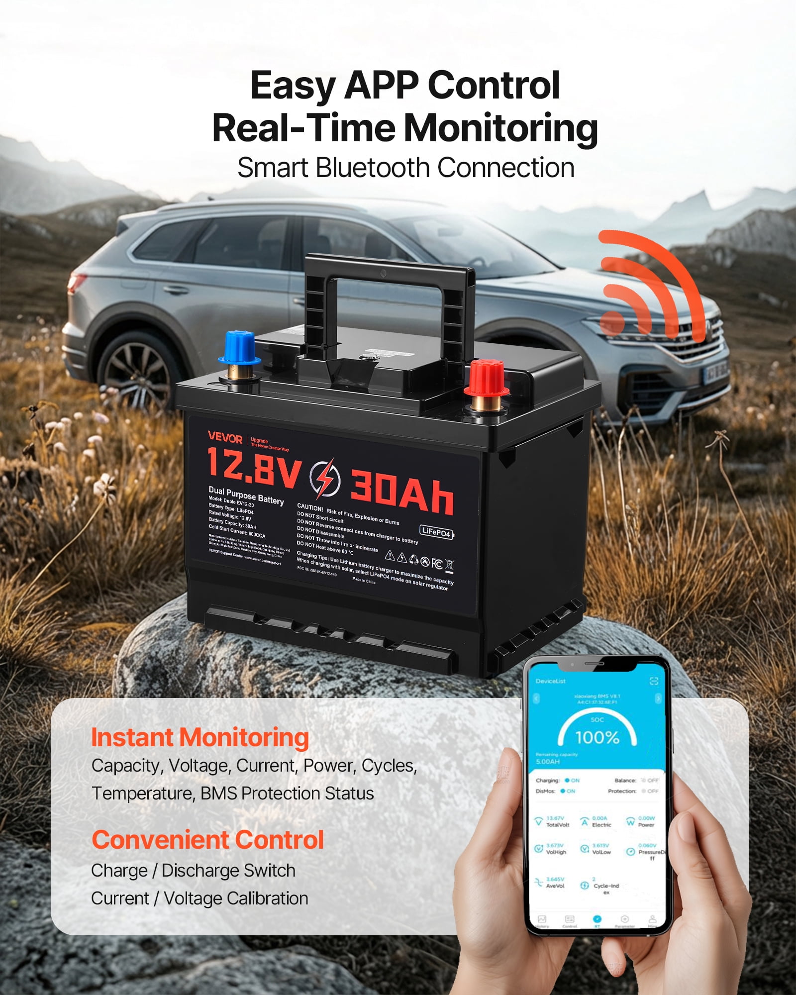VEVOR 12V 30Ah Dual Purpose LiFePO4 Lithium Battery, 600 Cca Group 47, Car Start-Stop Lithiumion Starter Battery Plus Deep Cycle, Built-in Smart Bms, for Automotive, Trolling Motor, Engine Starting