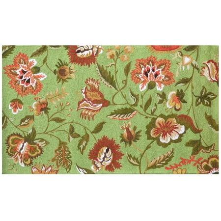 Rug Jacobean Floral Flowers 5x3 Green Wool Yarns New Hand-Hooked JK-157