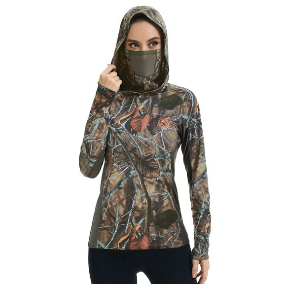 BASSDASH Women's UPF 50  Camo Hunting Hoodie with Neck Gaiter Breathable Performance Long Sleeve Fishing Hooded Tee FS03W