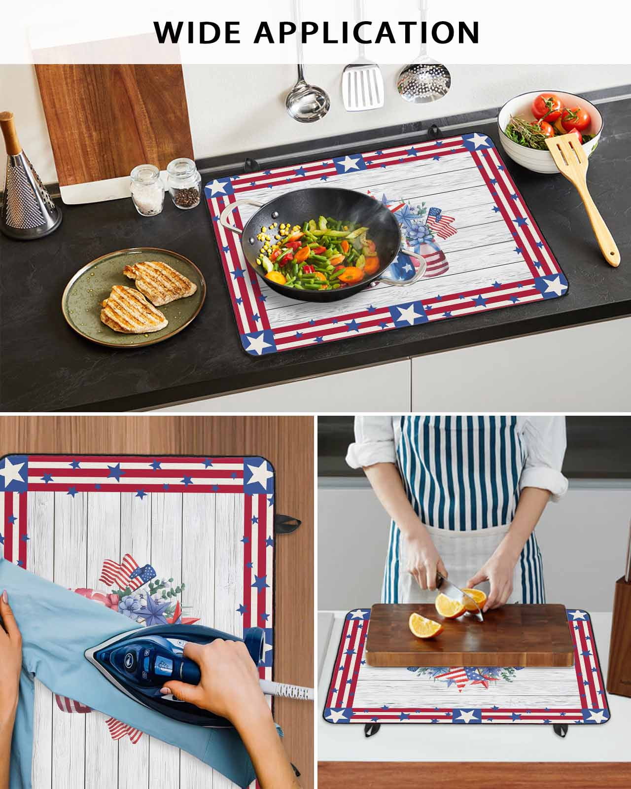Large Induction Cooktop Protector Mat 4th of July Stove Top Covers for Electric Stove, Red Blue Patriotic Flowers Star Stripes Wooden Decorative Stove Burner Cover Mats, Glass Top Stove Cover