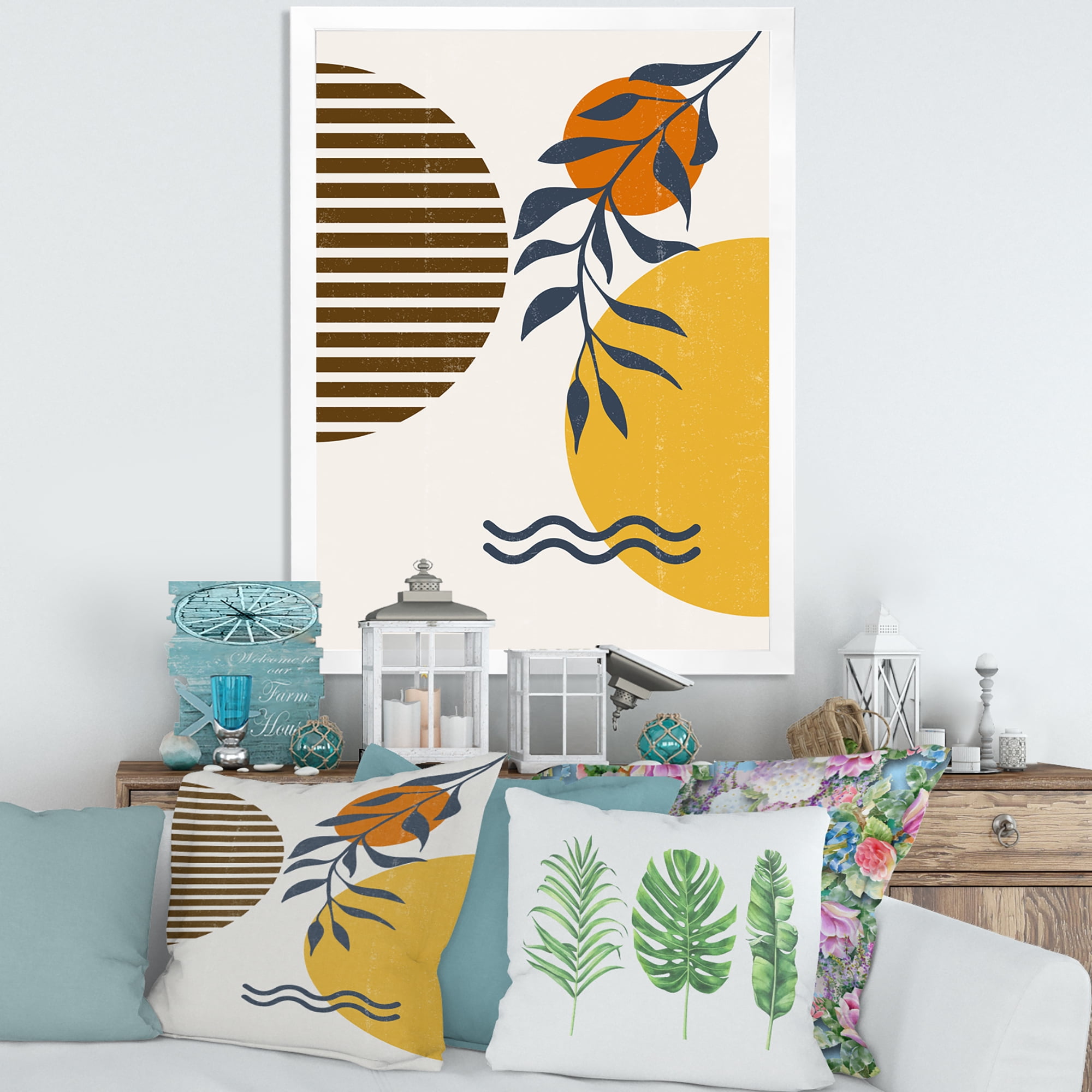 Designart 'Abstract Shapes With Botanical Minimalist Leaf I' Modern Framed Art Print